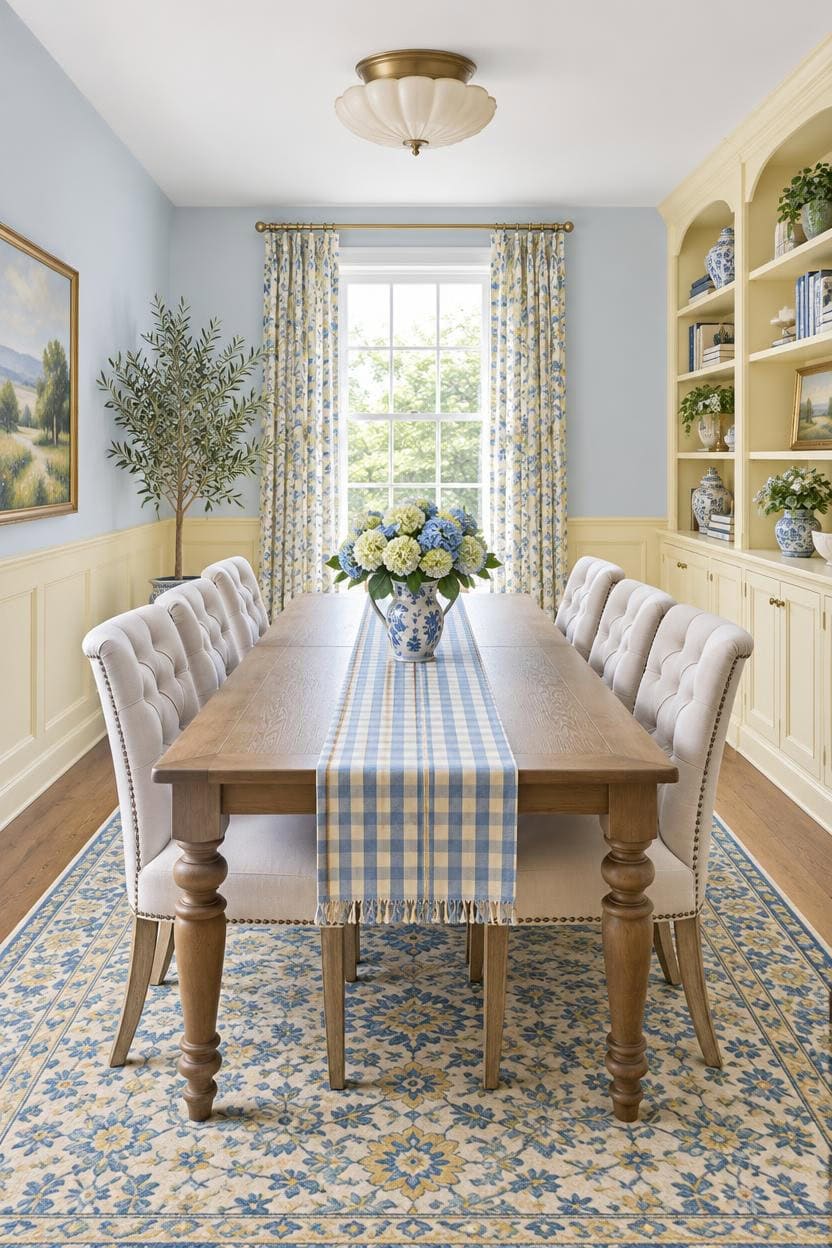 Bright dining room with large window, floral curtains, and elegant furniture.