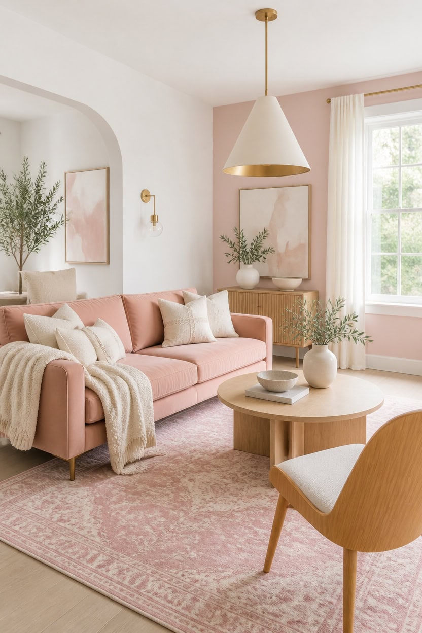 Stylish living room with pink sofa, white curtains, and modern decor.
