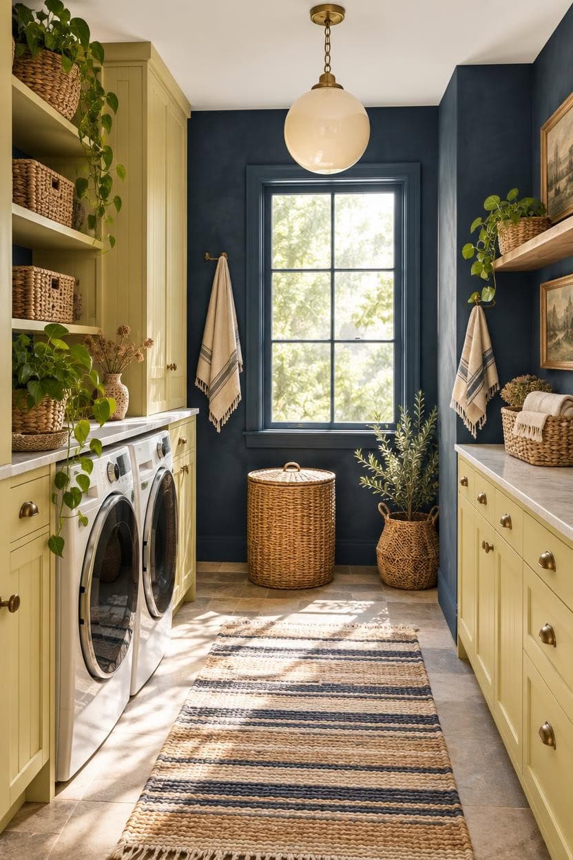 Sunny laundry room with navy walls, yellow cabinets, and a large window.