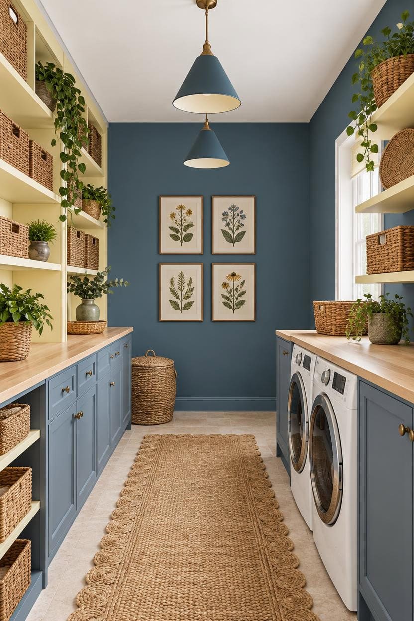 Bright laundry room with blue cabinets, wicker baskets, and framed botanical art.