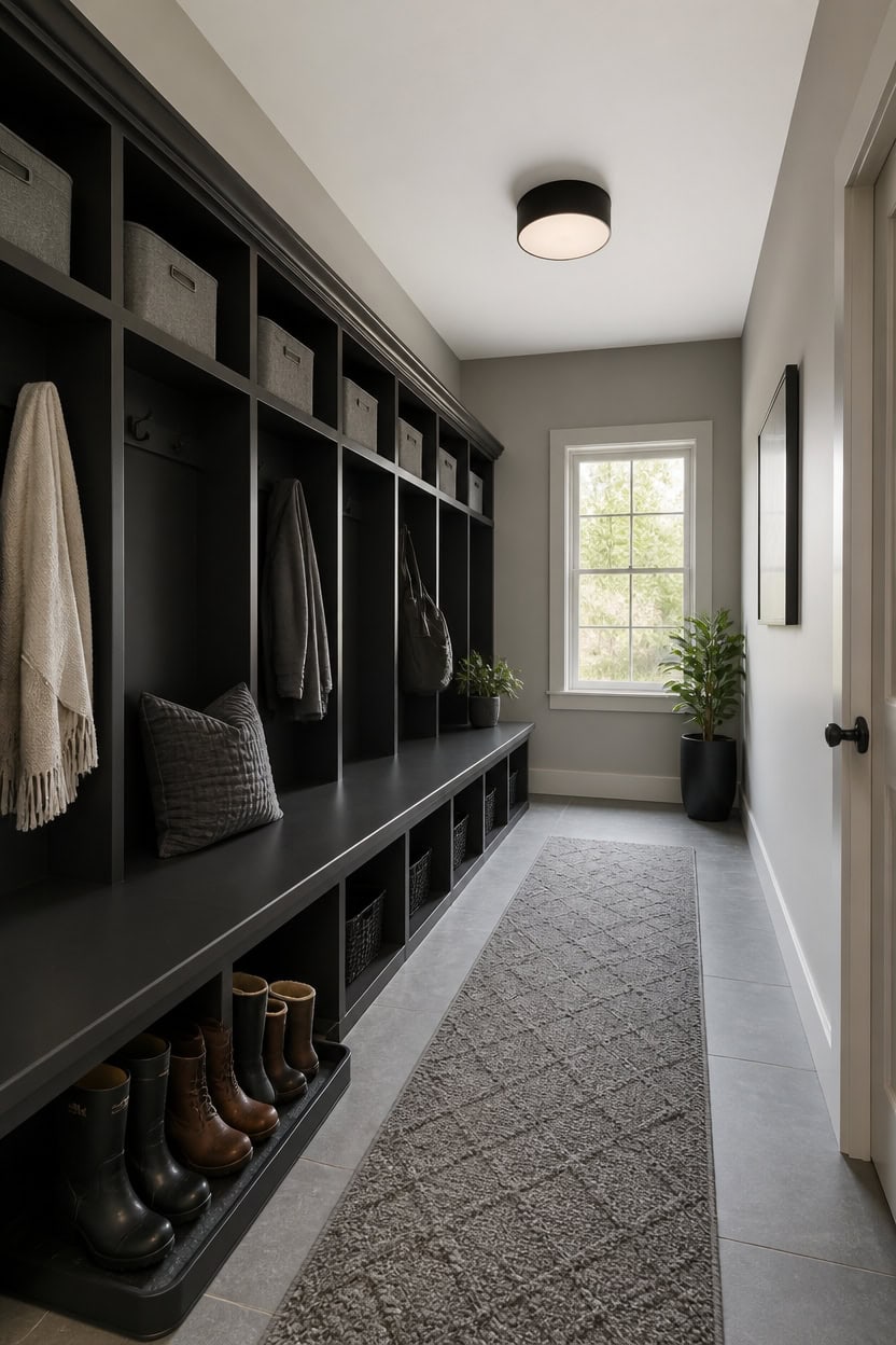 Contemporary mudroom with black storage cubbies, hooks, and a window.
