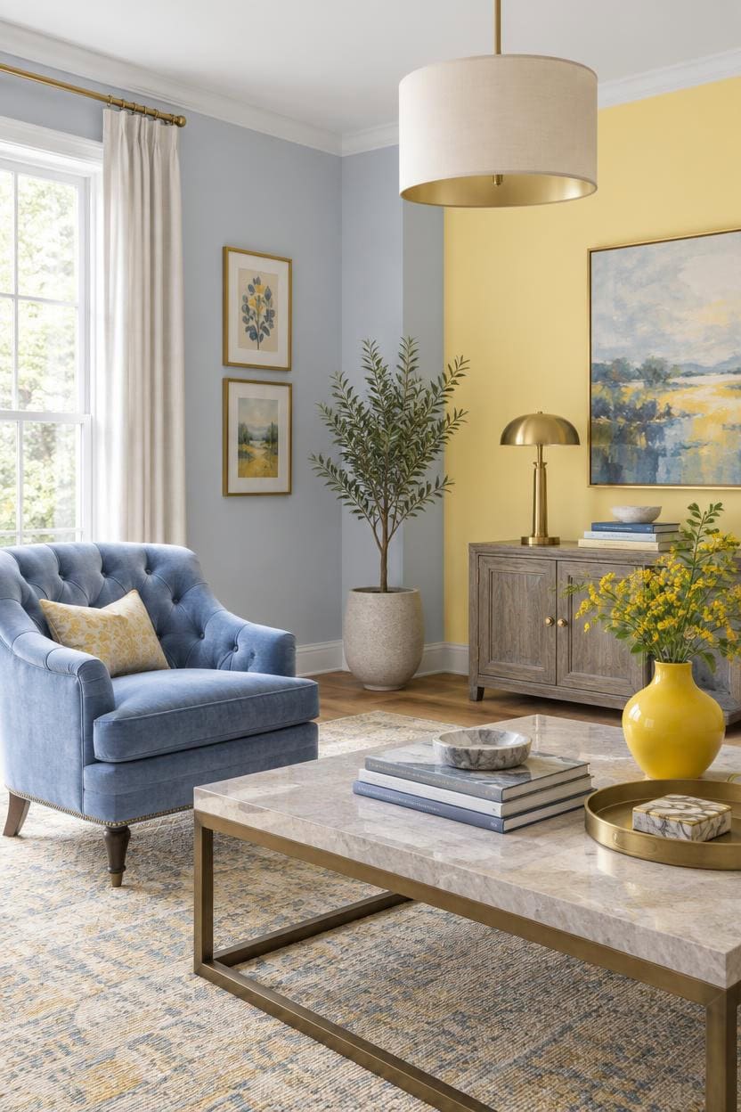 Elegant living room with blue sofa, yellow wall, and modern decor.