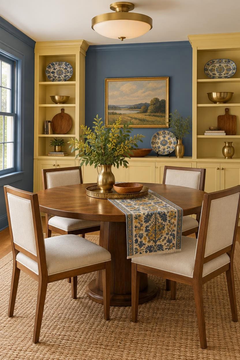 Charming dining room with a round wooden table, beige chairs, and blue and yellow walls.