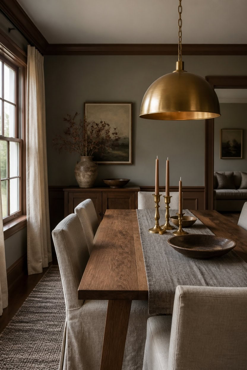 brass pendant highlights walnut
