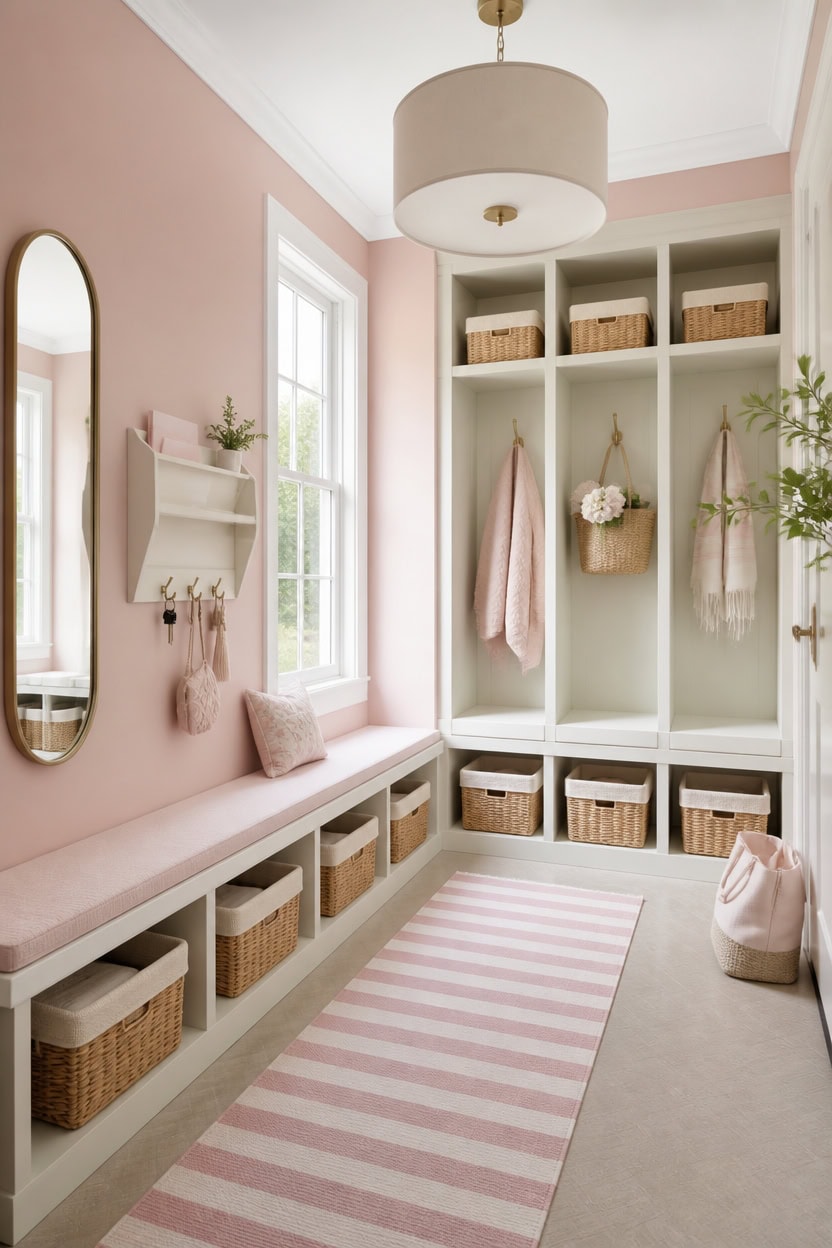 Bright entryway with built-in storage, pink walls, and decorative baskets.