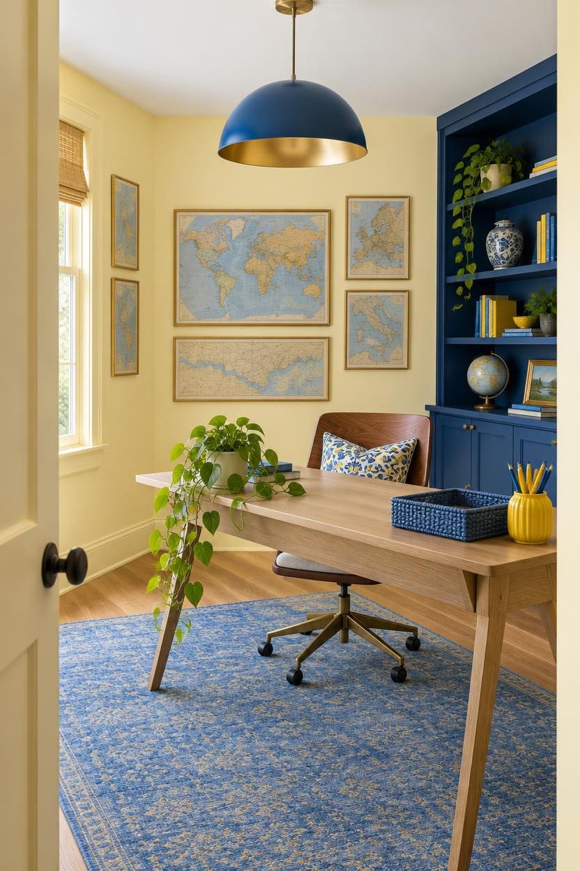 Bright home office with blue bookshelf, world maps, and wooden desk.