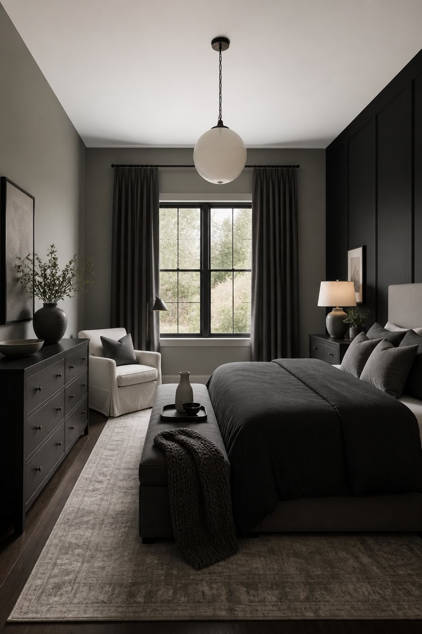 Elegant bedroom with dark accent wall, large window, and stylish decor.