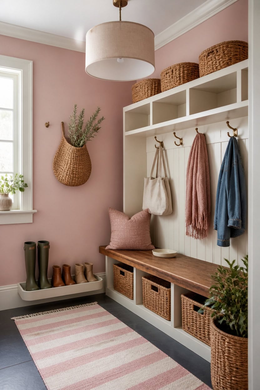 Charming mudroom with hooks, baskets, and decorative accents.
