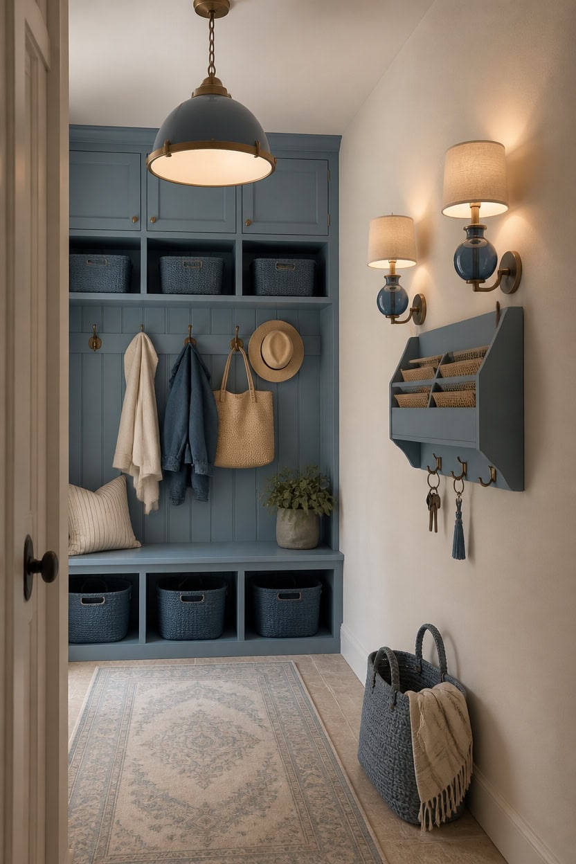 Stylish blue mudroom with hooks, baskets, and lighting for organized entryway.