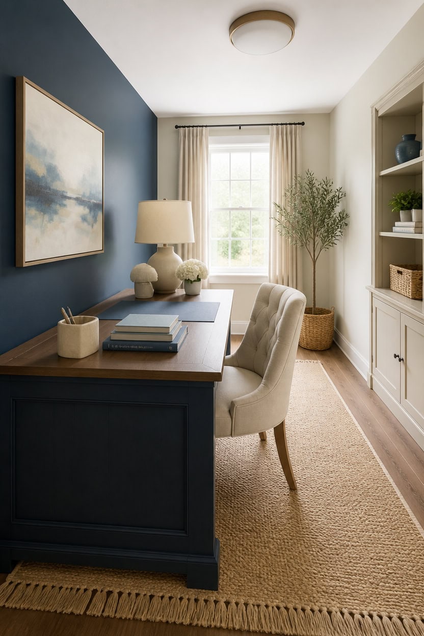 Bright home office with navy accent wall, white desk, and large window.