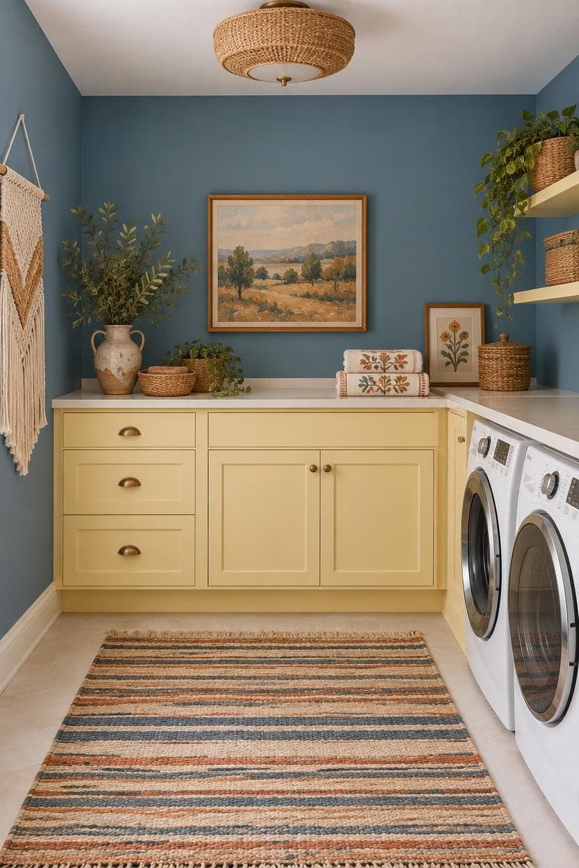 Bright laundry room with yellow cabinets, blue walls, and decorative plants.