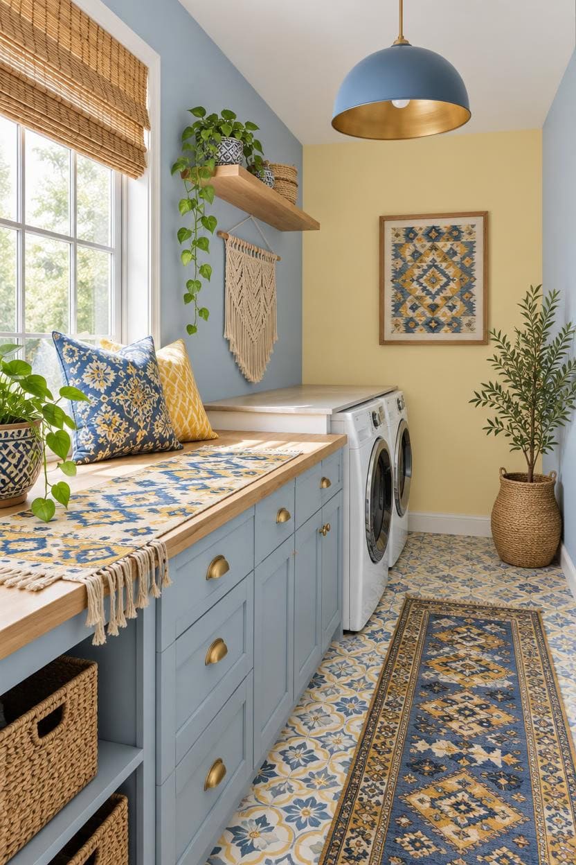 Bright laundry room with blue cabinets, yellow walls, and patterned decor.