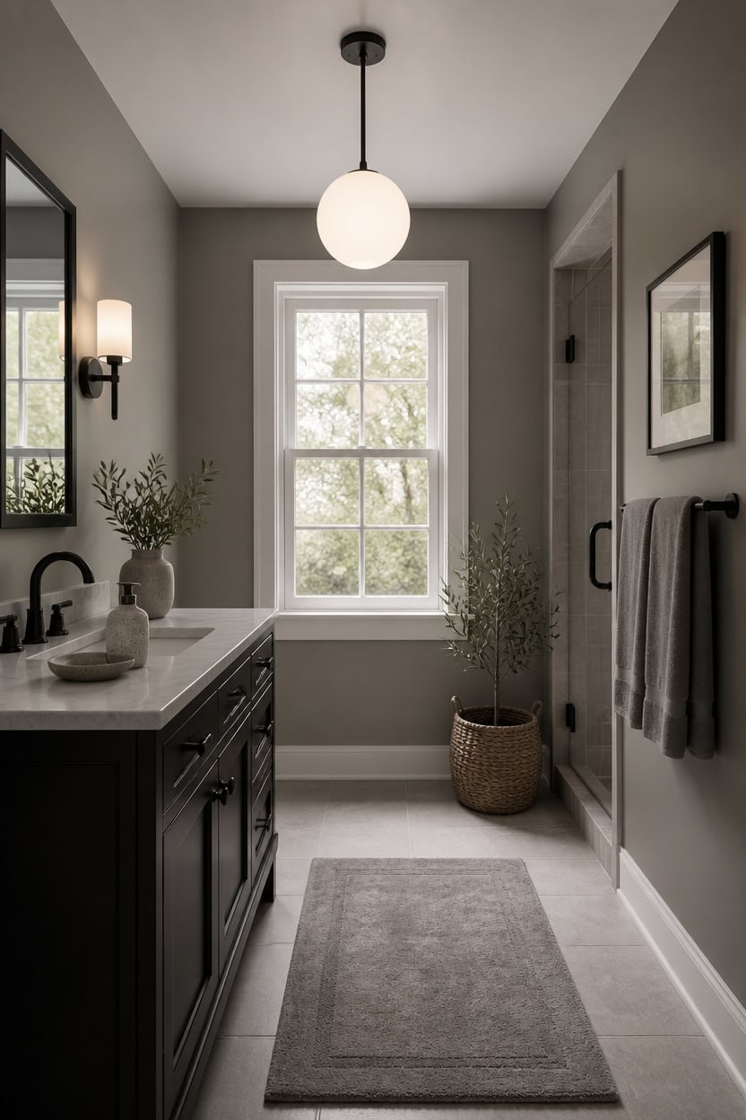 Bright modern bathroom with gray walls, black fixtures, and a large window.