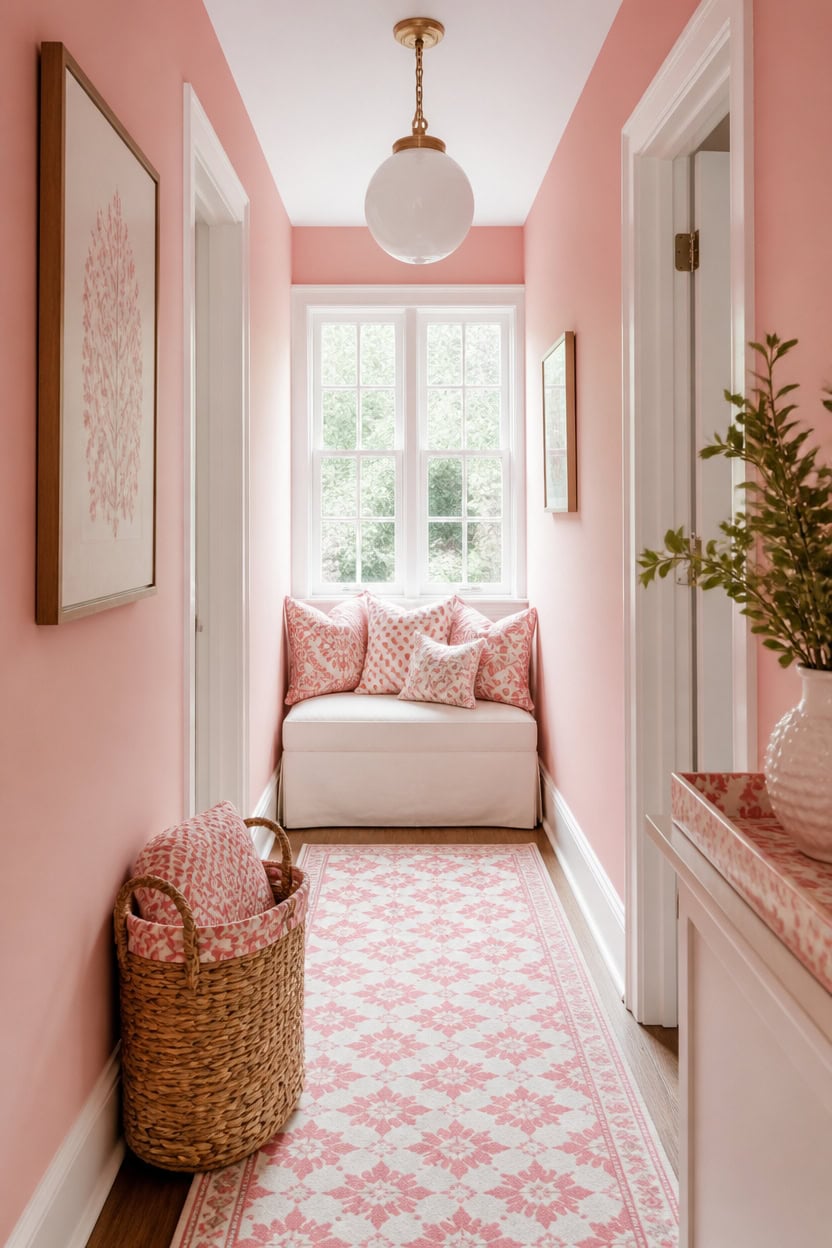 Bright pink hallway with window seat, floral decor, and natural light.