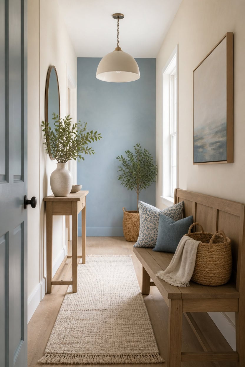 calming cream and blue hallway