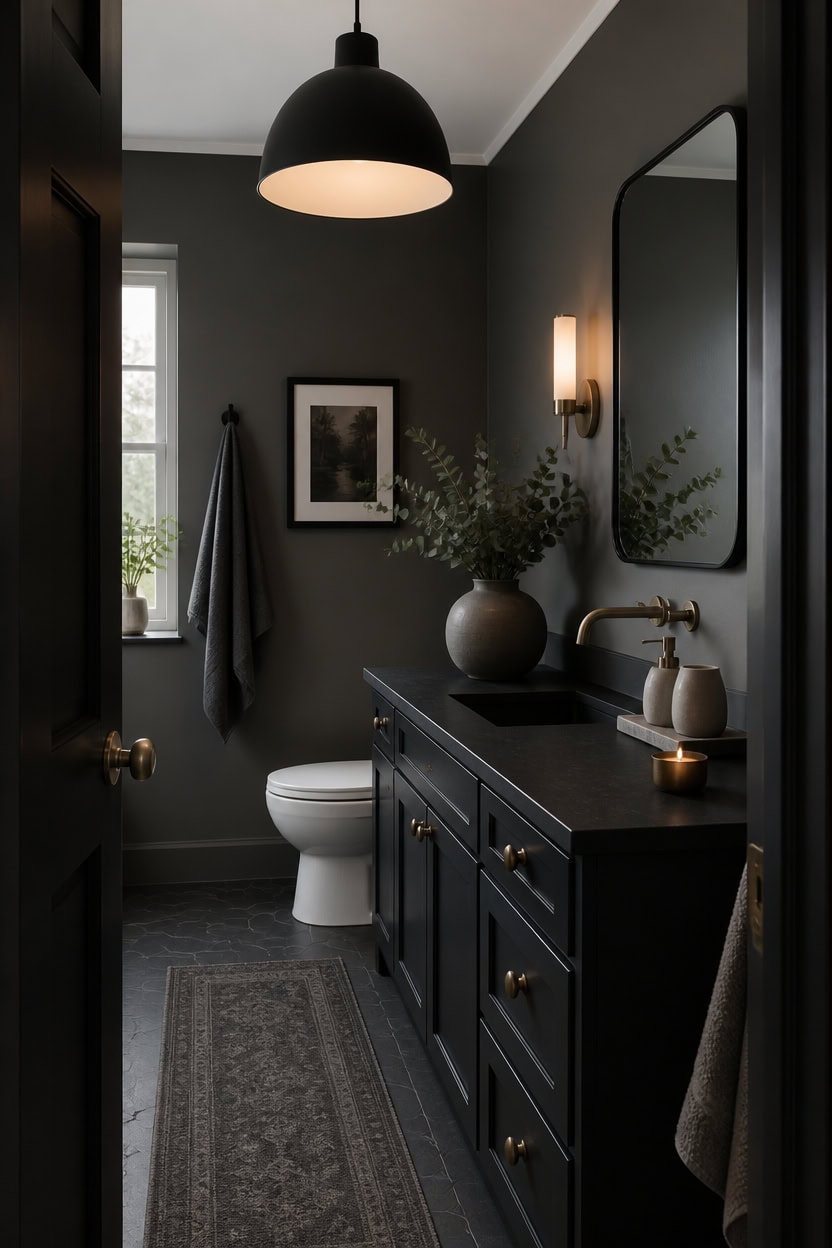 Stylish bathroom featuring a black vanity, large mirror, and elegant decor.