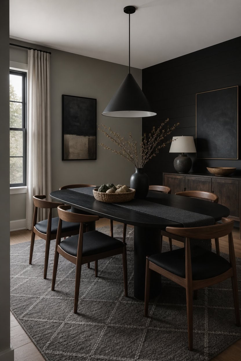 Elegant dining room with black table, wooden chairs, and modern decor.