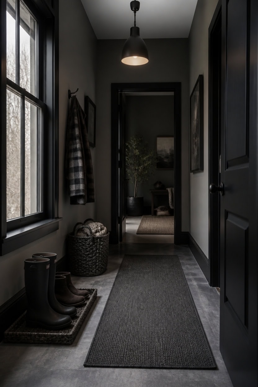 Stylish apartment entryway with black doors, window, and decor.