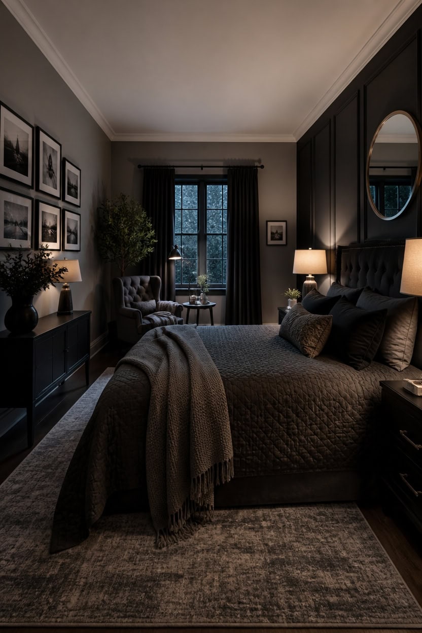 Cozy bedroom with dark furniture, large window, and warm lighting at Apartment ABC.