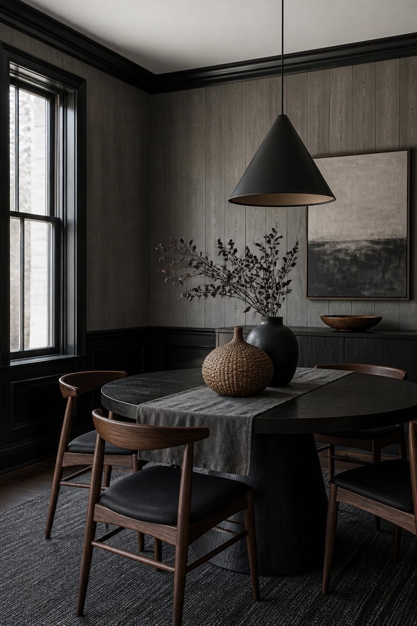 Elegant dining room with dark walls, wooden furniture, and a black pendant light.