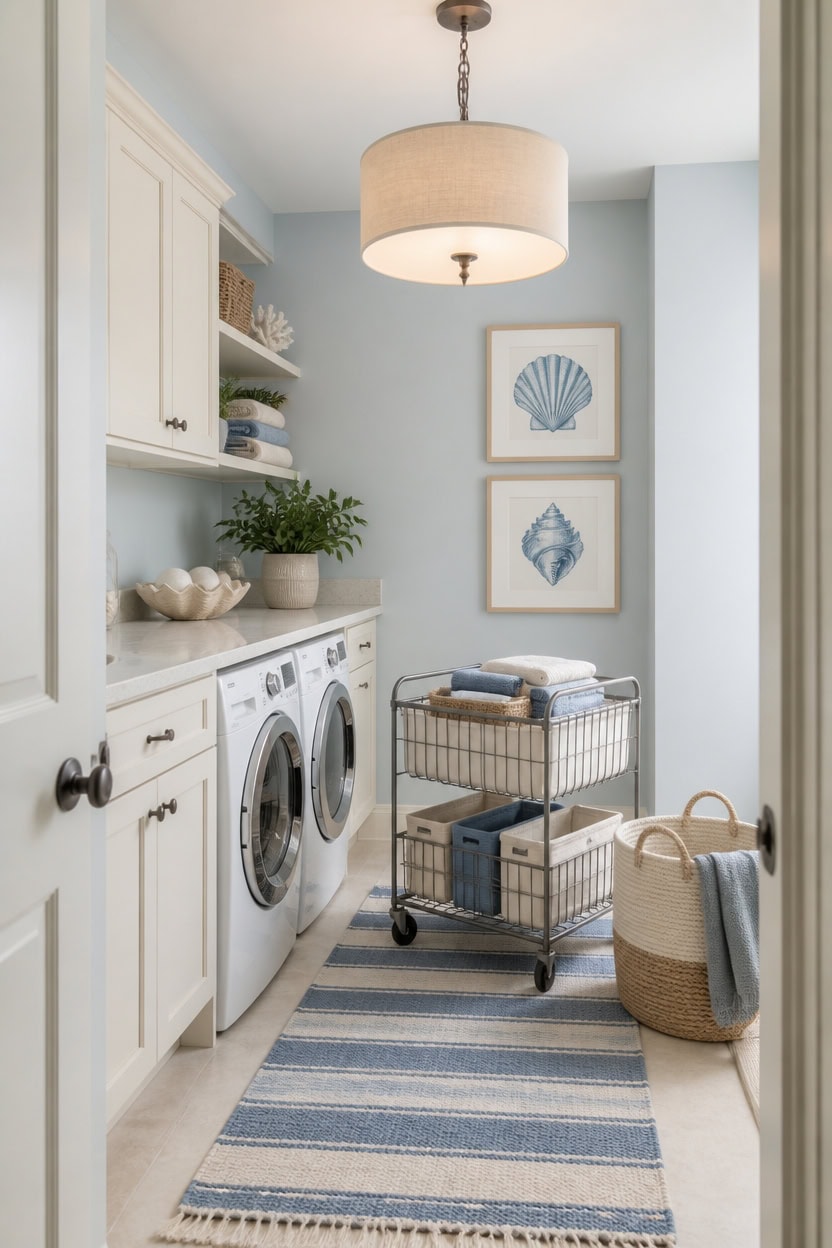 Coastal-themed laundry room with white cabinets, shell artwork, and a rolling cart.