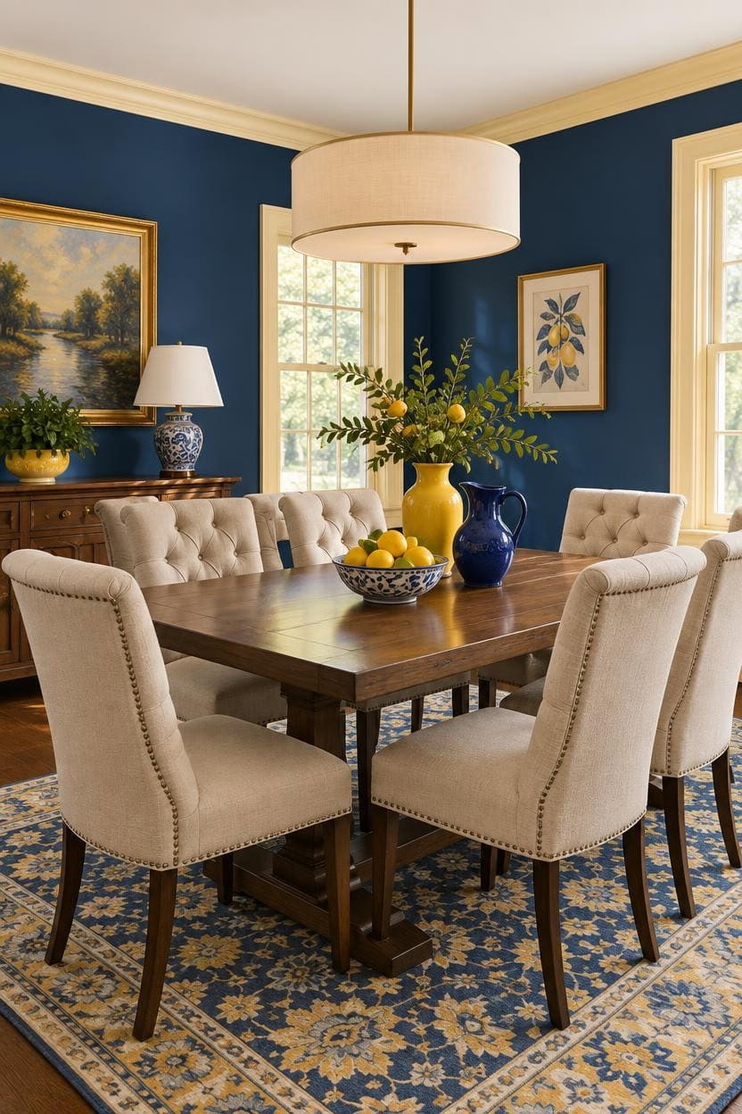 Stylish dining room with blue walls, beige chairs, and a wooden table with yellow and blue vases.