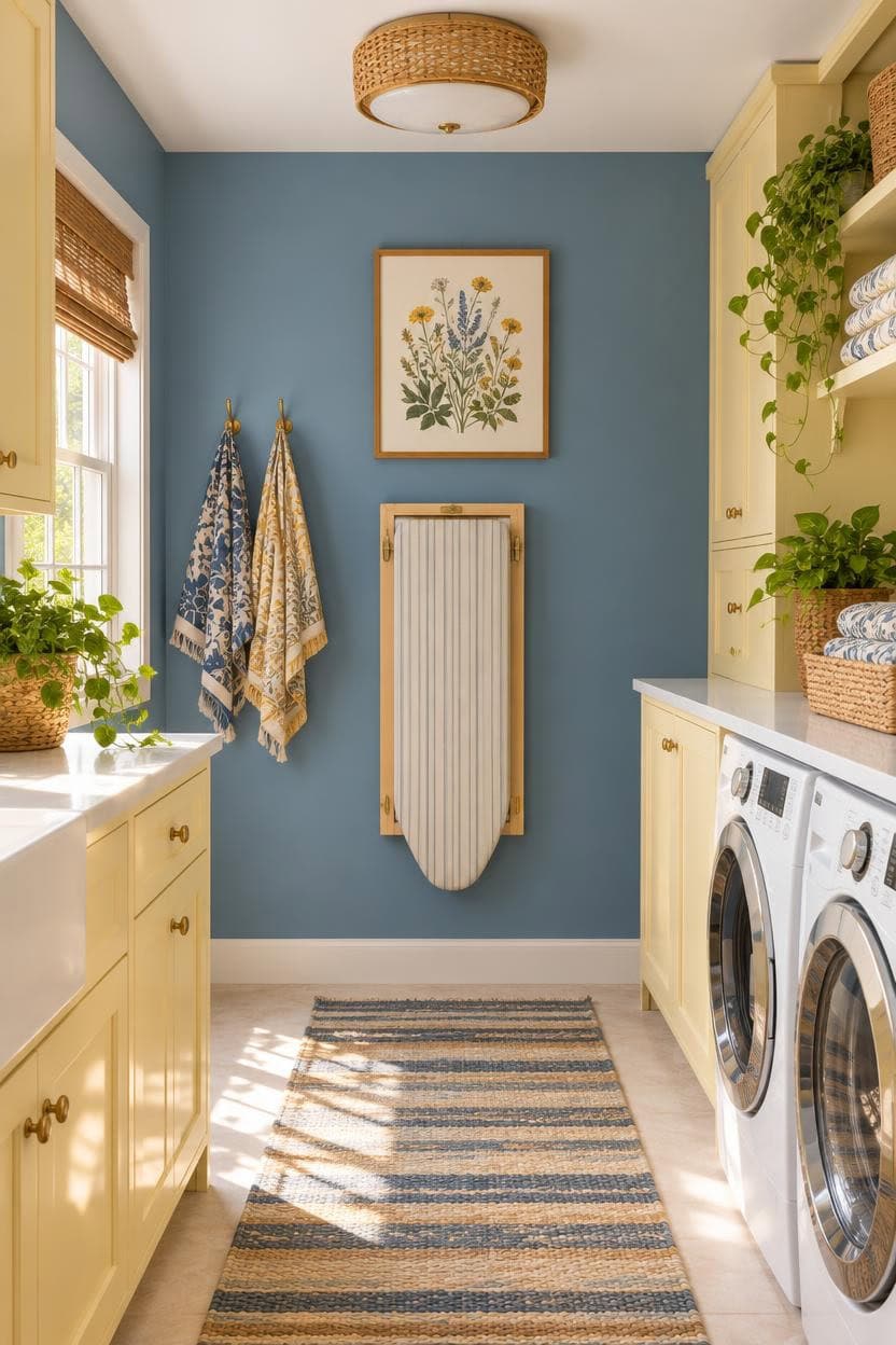 Sunny laundry room with blue wall, washing machines, and plants.