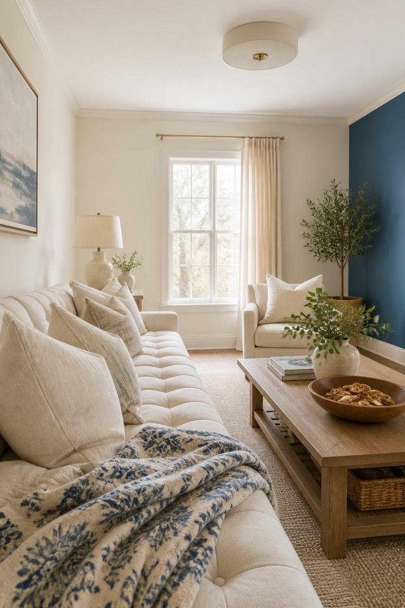 Bright living room with beige sofa, blue accent wall, and natural light.
