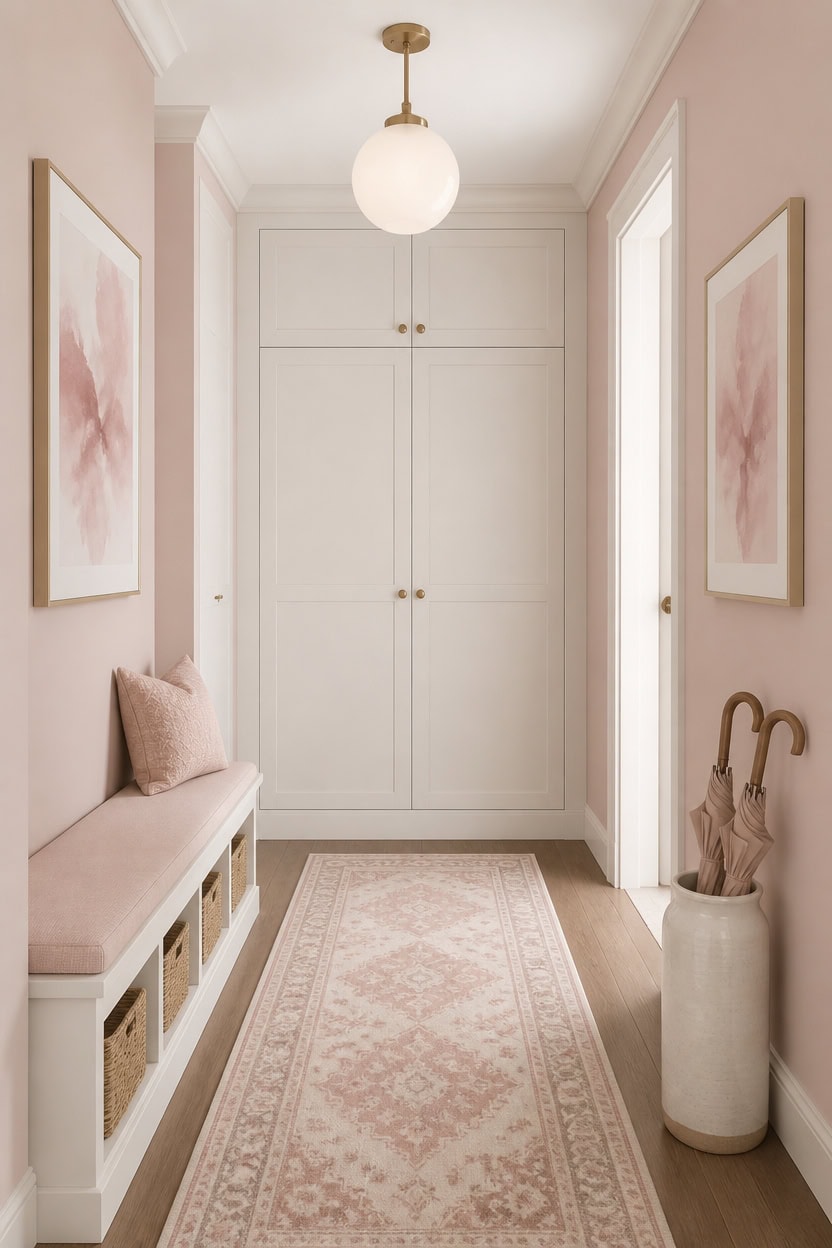 Bright entryway with built-in white cabinets, pink artwork, and a cozy bench.