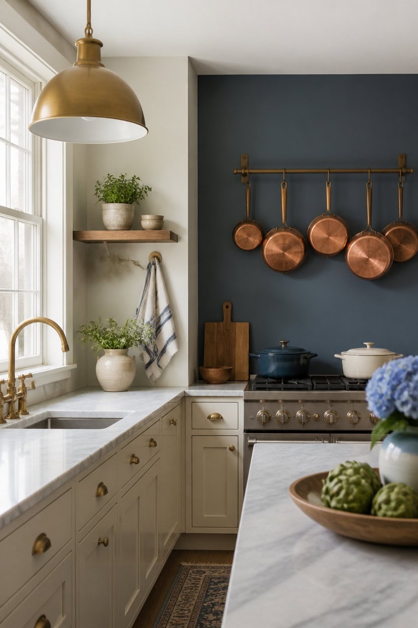 Cozy kitchen with copper pots, white cabinets, and marble countertops.