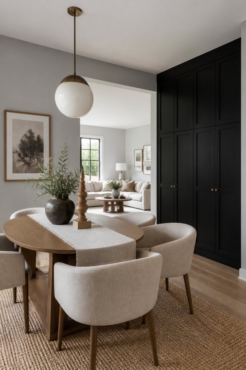 Elegant dining space with round table, beige chairs, and black storage cabinets.