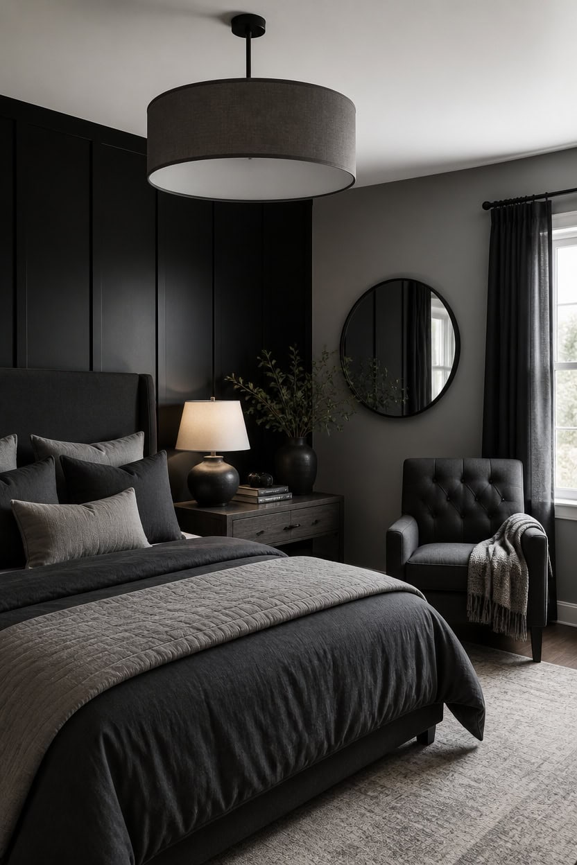 Stylish bedroom with dark walls, black furniture, and cozy lighting.