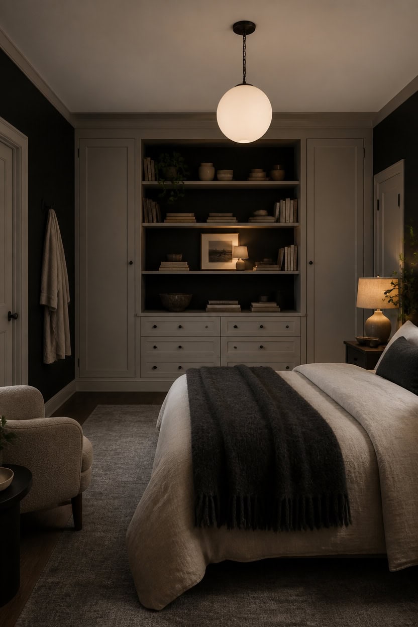 Elegant bedroom with built-in shelves, soft lighting, and cozy bedding.