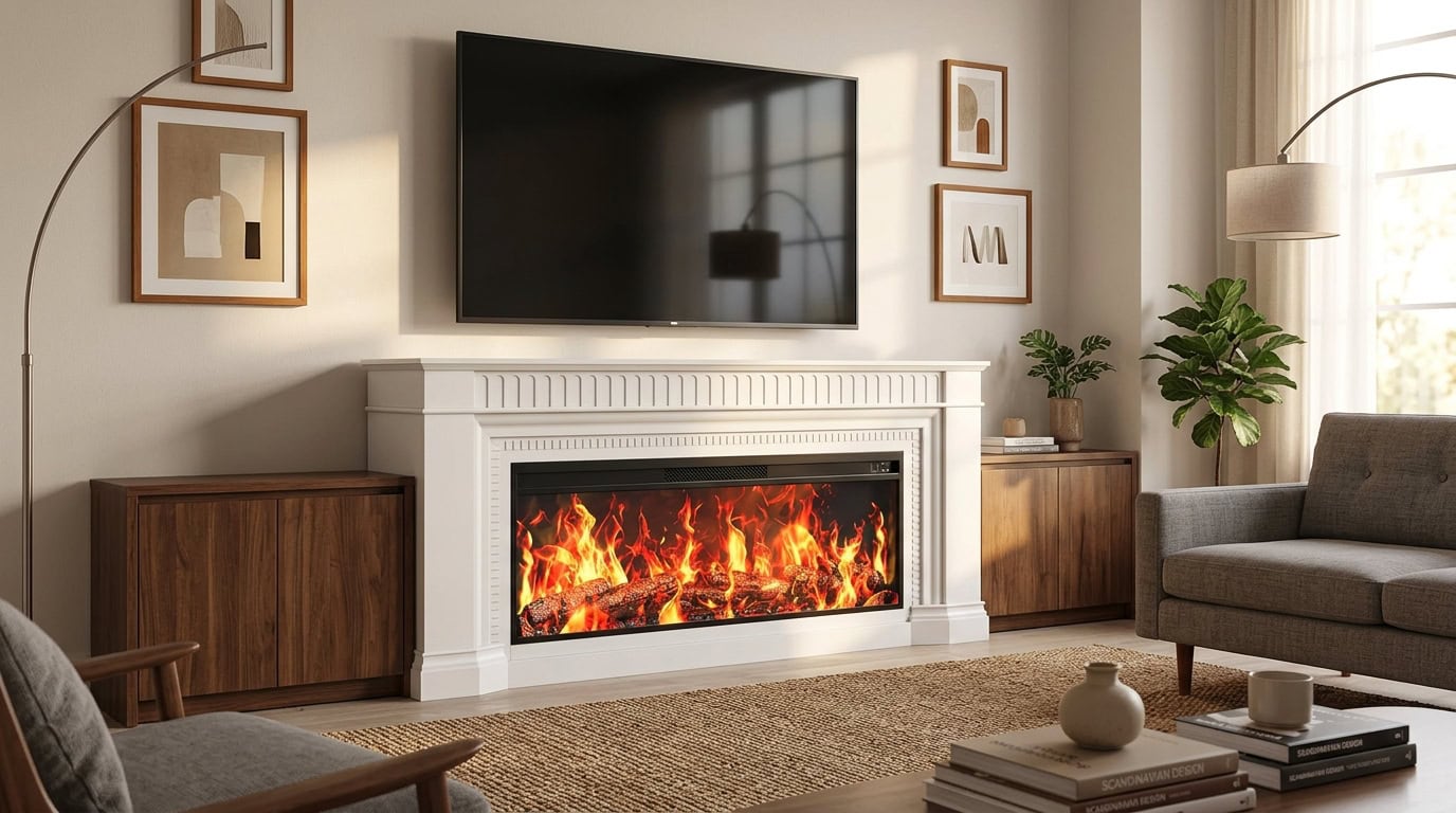 Cozy living room featuring a fireplace, wall-mounted TV, and stylish decor.