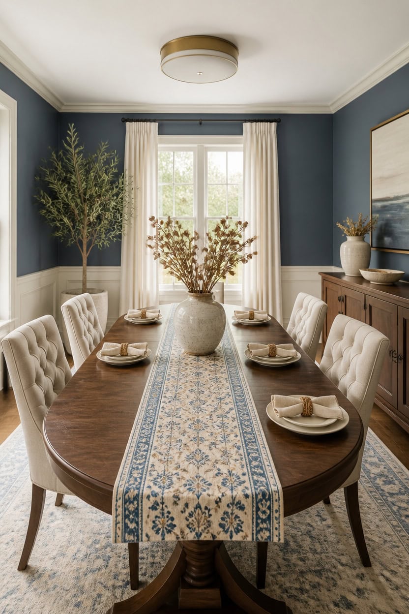 cream and blue dining nook