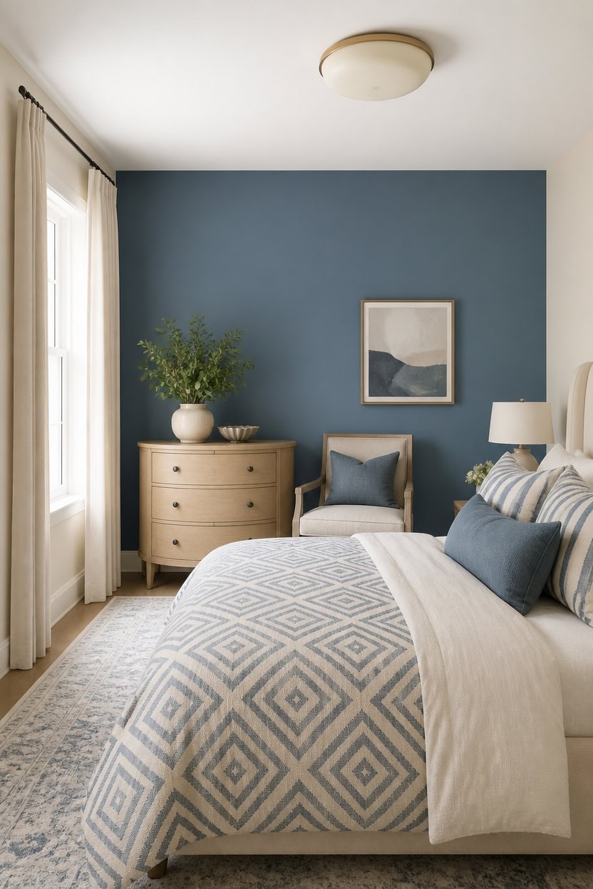 Comfortable bedroom with blue accent wall, white bedding, and natural light.