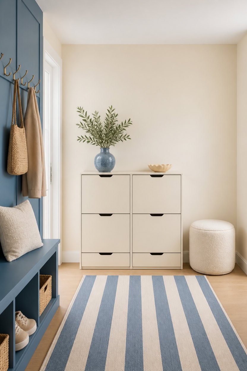 Stylish entryway with blue wall, white dresser, and striped rug.