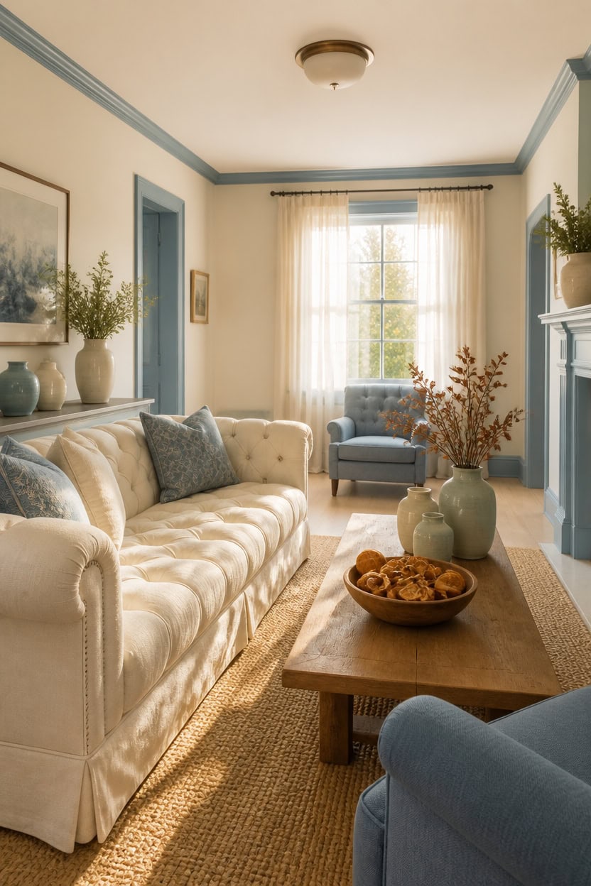 cream blue sunlit comfort
