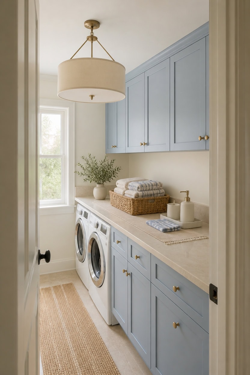 Laundry room with blue cabinets, washer, dryer, and natural light.