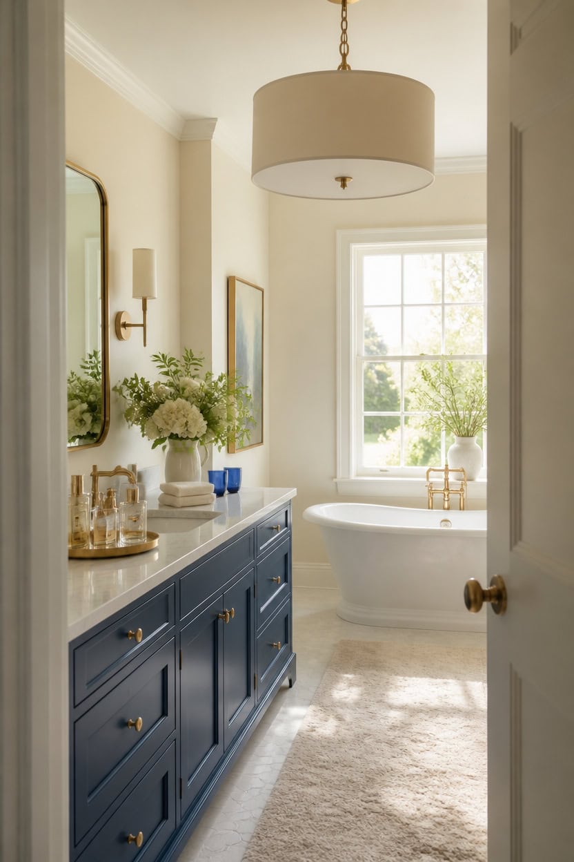 Warum ein Badezimmer in Blau und Creme den Morgen-Stress beendet 4 cream limestone caribbean azure centerpiece hau0i