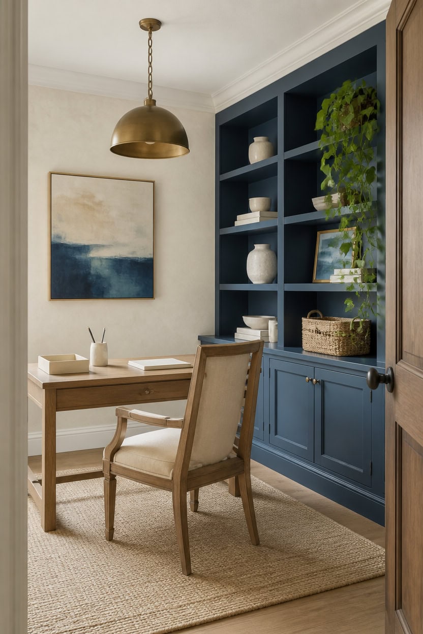 Stylish home office with blue built-in shelves, wooden desk, and beige chair.