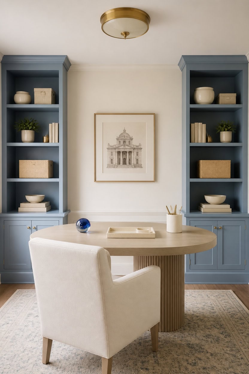 Stylish dining room with blue built-in shelves and a round table.