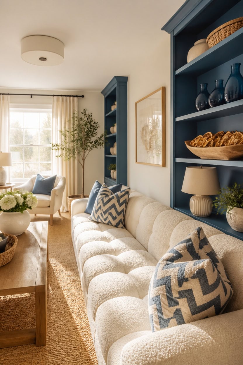 Bright living room with beige sofa, blue shelves, and natural light.
