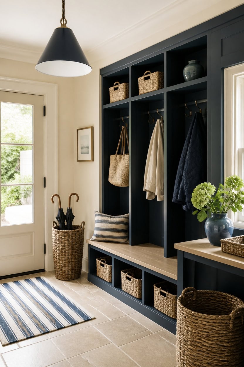 cream walls blue cubbies