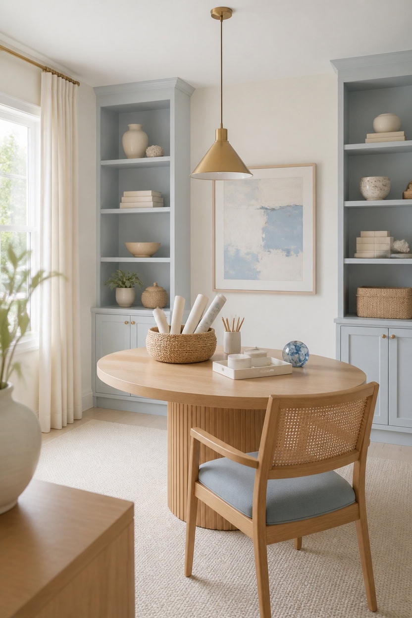 Bright home office with built-in blue shelves, wooden desk, and modern decor.