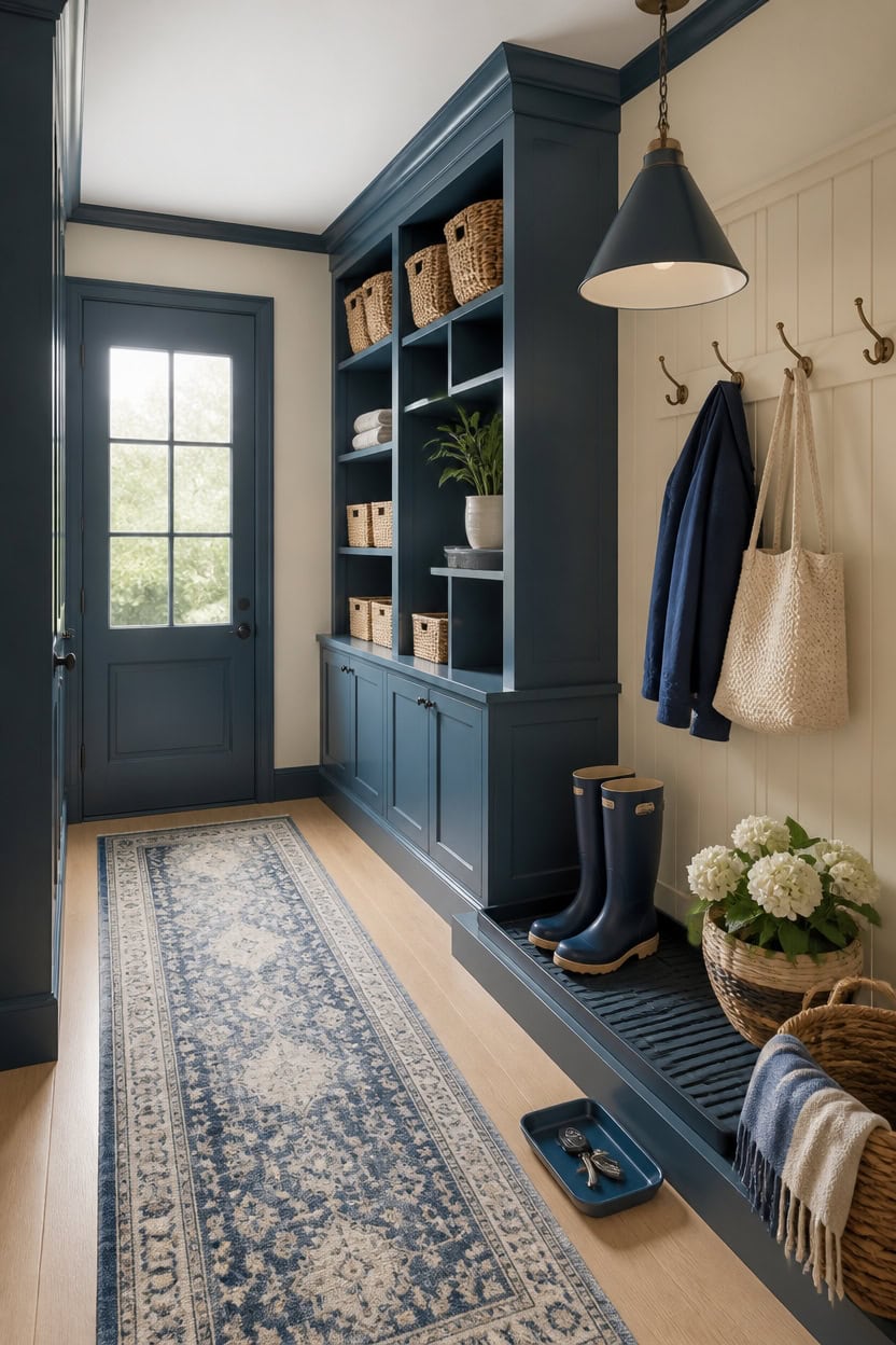 Blue entryway with built-in shelves, coat hooks, and a rug.