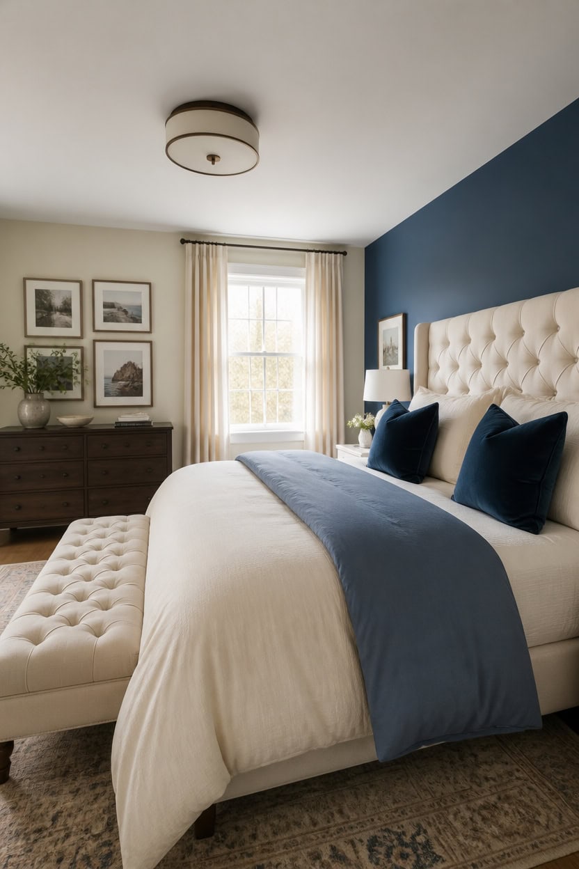 Modern bedroom with a white tufted bed, blue accents, and natural light from the window.
