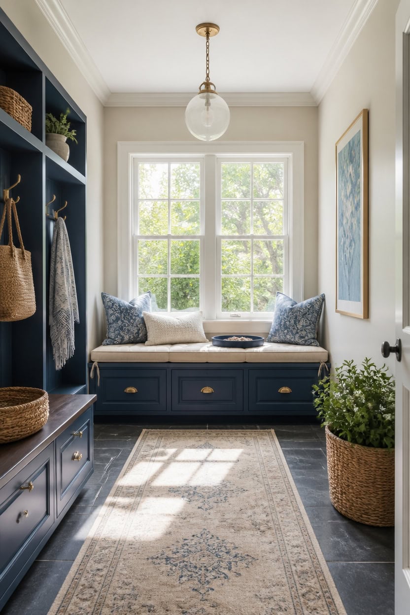 Bright window seat with cushions in a stylish apartment reading nook.