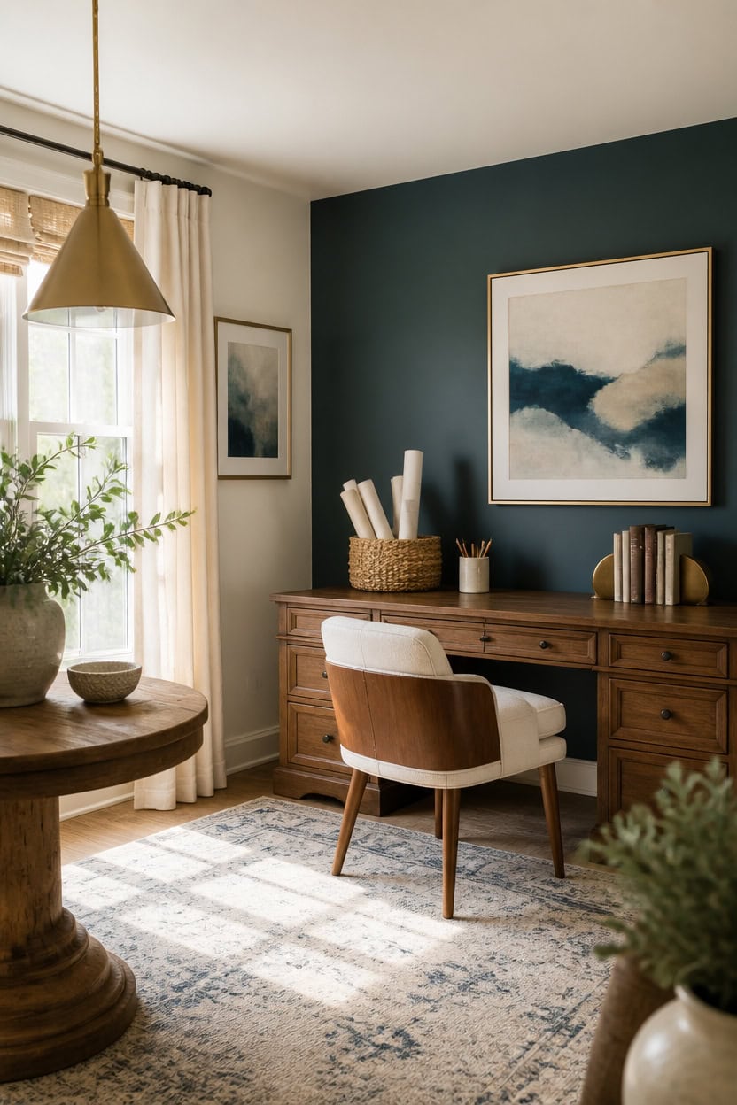 Stylish home office with wooden desk, armchair, and abstract wall art.