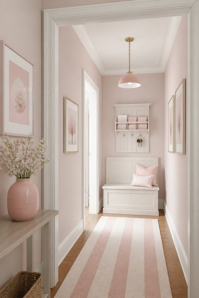 Bright hallway with pink accents, artwork, and a cozy bench at Apartment ABC.
